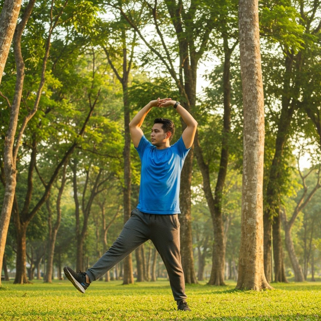 Morning stretching exercises outdoors